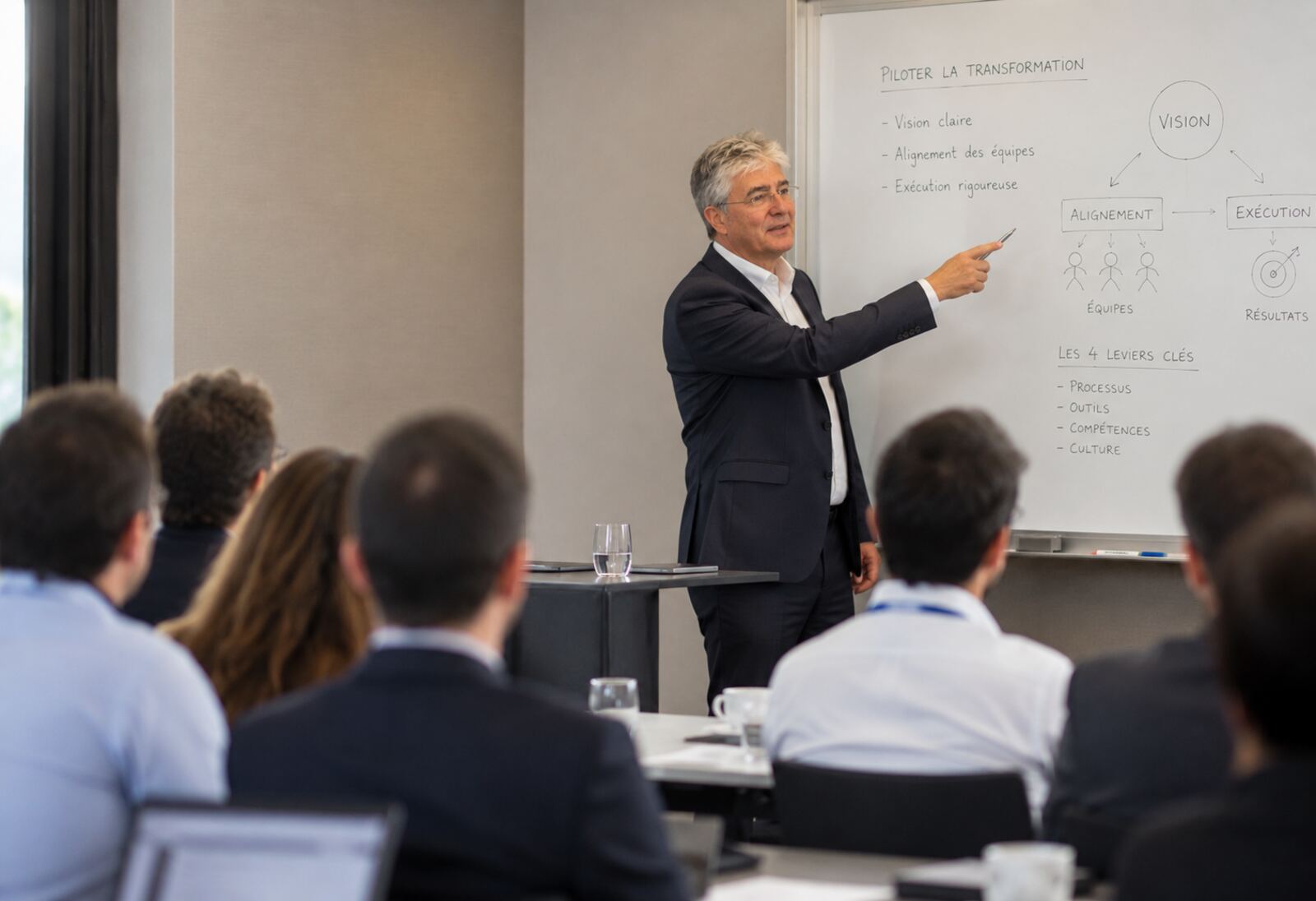 Dirigeant animant une session stratégique au tableau